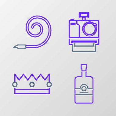 Whiskey şişe Crown fotoğraf makinesi ve doğum günü partisi boynuzu ikonu ayarla. Vektör.