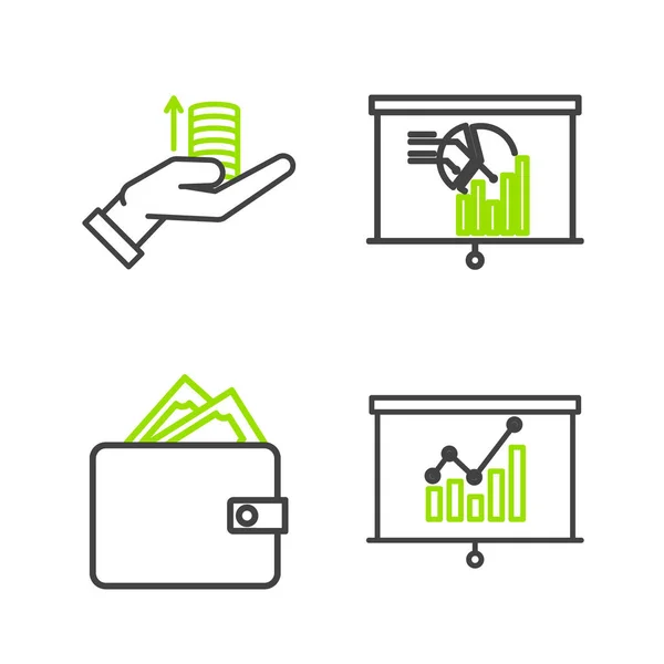 Set Line Board Graph Chart Wallet Stacks Paper Money Cash — Stock Vector