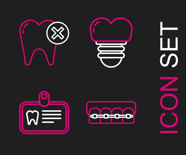 Ustaw Linię Zęby Szelkami Karta Zęba Implant Stomatologiczny Ikona Próchnicy — Wektor stockowy