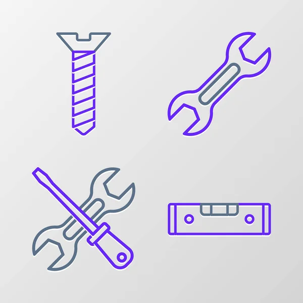 Set Line Construction Bubble Level Schraubendreher Und Schraubenschlüssel Schraubenschlüssel Und — Stockvektor