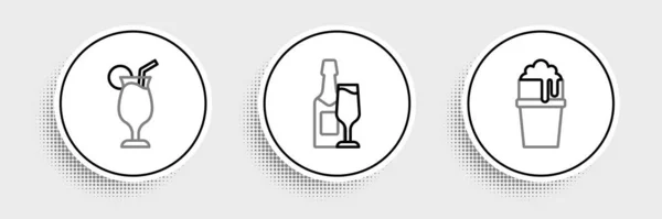 Ställ Linje Glas Cocktail Och Champagne Flaska Och Glas Ikon — Stock vektor