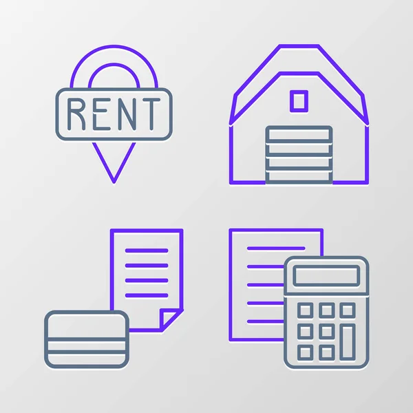 Definir Linha Calculadora Cartão Crédito Garagem Localização Ícone Chave Vetor —  Vetores de Stock