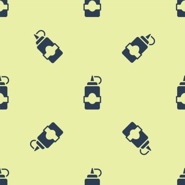 Mavi sos şişesi ikonu sarı arka planda izole edilmiş pürüzsüz desen. Ketçap, hardal ve fast food için soslu mayonez şişeleri. Vektör.