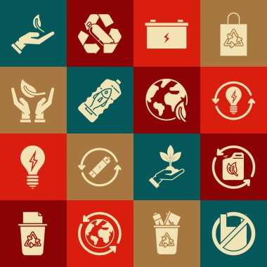 Plastik torba posterine, şimşek sembollü ampule, araba aküsüne, okyanus kirliliğine, çevre korumasına ve Dünya 'nın yaprak ikonuna hayır deyin. Vektör.