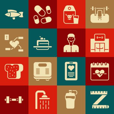 Bant Ölçümü: Kalp Atışı Spor Salonu Sütlü Kek Paketi Sağlıklı Yürek Balık ve Pozitif Düşünce ikonuna Dikkat Vektör.