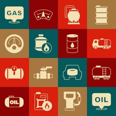 Word Petrol Demiryolu Sarnıç Tanker Tanker Depolama Propan Motor ölçer Konumu ve İstasyon ve Varil ikonu ayarlayın. Vektör.