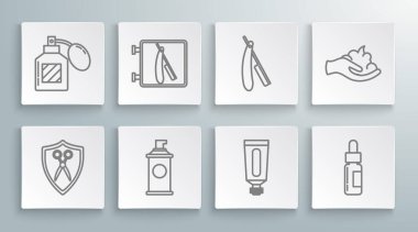 Çizgiyi makas kuaförü ve berber dükkanını jilet traş köpüğü köpüğü losyonlu cam boru boru düz el ve tıraş losyonu ikonu ile ayarla. Vektör.