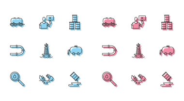 Petrol bırakma hattını ayarlayın. Endüstriyel yangın fabrikası borusu ve doğa kurtarma ikonu ile petrol tankeri sarnıç fıçısı sızıntısı platformu. Vektör.