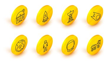 Mars Gezgin Astronot kaskı Uzaylı Dünya kuyruklu yıldızı uydu çanağı Roket gemisi ve astronomik gözlem ikonu. Vektör.