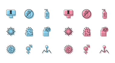 Virüs hattı cinsiyet DNA sarmalı ve bilgisayar bakteriyofaj kuduz virüsü şişesi ve el sıkışma ikonu yok. Vektör.