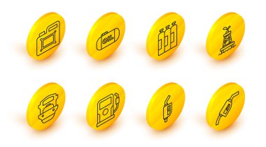 Benzin pompası enjektörü ya da benzin istasyonu petrol tankeri sanayi silindir deposu ve motor yağı ikonu için teneke kutuyu ayarlayın. Vektör.