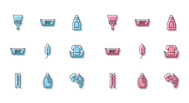 Temizlik elemanı Rubber 'ın camlarını temizlemek için kıyafet iğnesi ayarlayın. Gömlek yıkama ve ikonu olan elektrikli demir tüy havzası. Vektör.