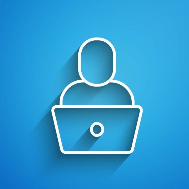 Beyaz çizgi Freelancer simgesi mavi arkaplanda izole edildi. Evinde dizüstü bilgisayarla çalışan serbest çalışan bir adam. Çevrimiçi iş, uzak iş kavramı. Uzun gölge. Vektör.