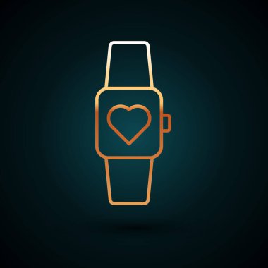 Altın çizgili akıllı saat koyu mavi arka planda kalp atışı simgesini gösteriyor. Fitness uygulaması konsepti. Vektör.