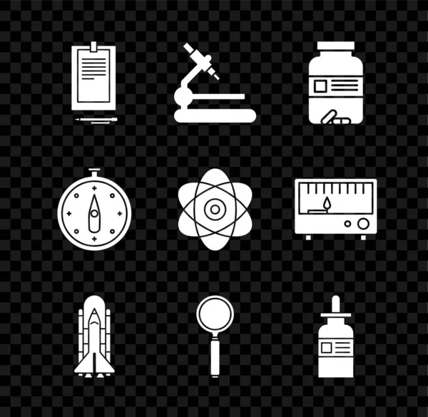 Установите Буфер Обмена Документом Microscope Medicine Бутылку Таблетки Космические Шаттлы — стоковый вектор