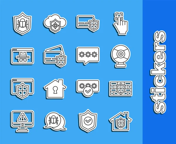 将线路房屋置于保护盾之下 配有砖墙安全摄像头信用卡保护盾浏览器匿名窗口系统缺陷和密码图标 — 图库矢量图片