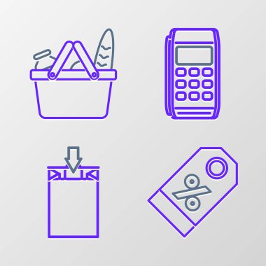 İndirimli kağıt alışveriş torbası Pos terminali, alışveriş sepeti ve yiyecek ikonu etiketini ayarla. Vektör.