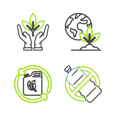 Hattı ayarlayın. Plastik şişe yakıtı yok. Biyolojik yakıt kapsülü Dünya küresi ve bitki ve çevre koruma ikonunun elinde. Vektör.