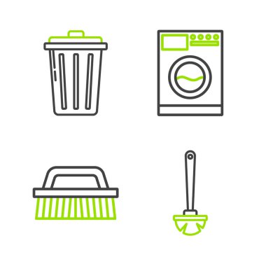 Temizlik için tuvalet fırçası fırçasını ve çöp tenekesi ikonunu ayarla. Vektör.