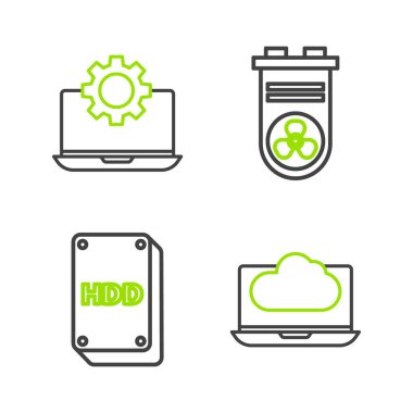HDD video kartı ve laptop dişli simgesi için Cloud teknolojisi veri transferini ve depolama sabit diskini ayarla. Vektör.