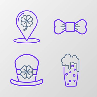 Cüce bira şapkası ve dört yapraklı yonca papyonu ve konum ikonu. Vektör.