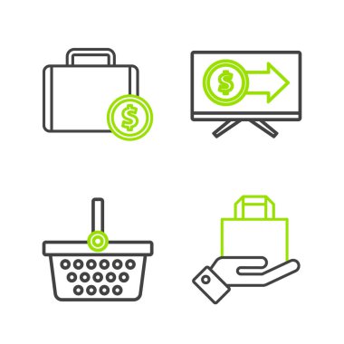 El ve kağıt alışveriş torbası, dolar ve evrak çantası para ikonuyla birlikte alışveriş sepeti monitörünü ayarla. Vektör.