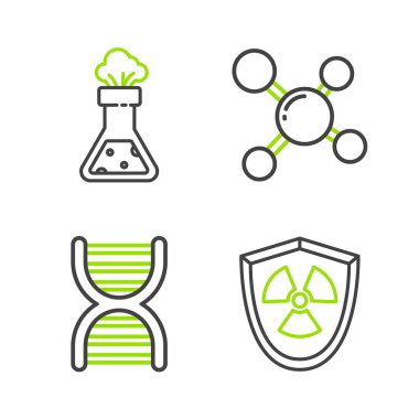 Radyoaktif hattı kalkan DNA sembolü Molekül, Test tüpü ve kimyasal ikona ayarla. Vektör.
