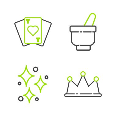 Sihirli havan topu, tokmak ve iskambil ikonu ile Crown Sparkle yıldızlarını hizaya getir. Vektör.