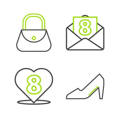 8 Mart Zarfı ve Çanta ikonu ile Kadın Ayakkabı Kalbi 'ni ayarla. Vektör.