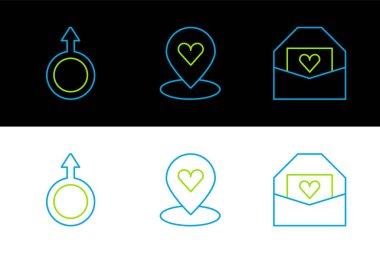 Zarfı Sevgililer Günü Erkek Sembolü ve Konum simgesi ile belirle. Vektör.