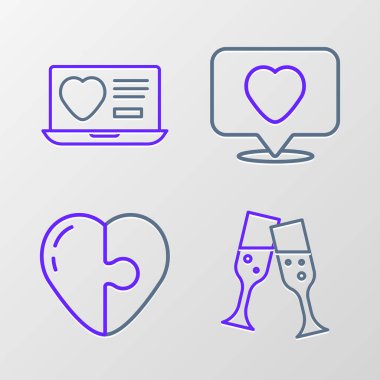 Glass of mpagne Heart Like ve Heart and Flört uygulamasını çevrimiçi olarak ayarla. Vektör.