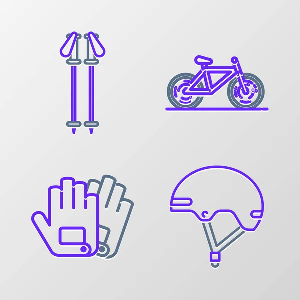 Set Line Casco Guantes Bicicleta Bastones Esquí Icono Vector — Vector de stock