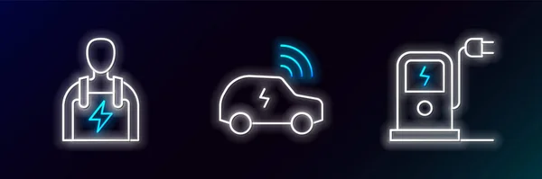 Elektrikli Araba Şarj Istasyonu Tamircisi Akıllı Sistem Simgesi Ayarla Parlayan — Stok Vektör