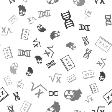 DNA sembolünü, kafa ve radyasyon sembolünü, XYZ koordinat sistemini ve x 'in kare kökünü kusursuz desene ayarla. Vektör.