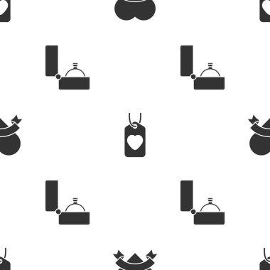 Kalp, etiket ve pırlanta nişan yüzüğünü kusursuz bir kalıba sokun. Vektör.