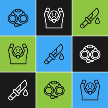 Kelepçe takın, kanlı bıçak ve Hırsız ellerini havaya kaldırsın. Vektör.