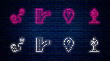Yol trafik işaretini, bilinmeyen yol noktasını, güzergahı ve hız limitini ayarlayın. Tuğla duvarda parlayan neon simgesi. Vektör.