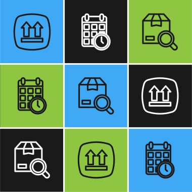 Çizgiyi Bu tarafa ayarla Arama paketi ve takvim simgesi ile karton kutu. Vektör.