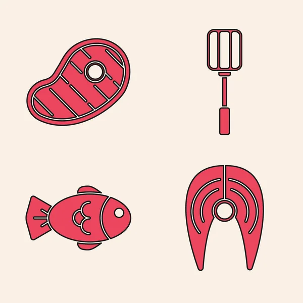 Set Fish Steak Steak Meat Spatula Fish Icon Vektor — Stockový vektor