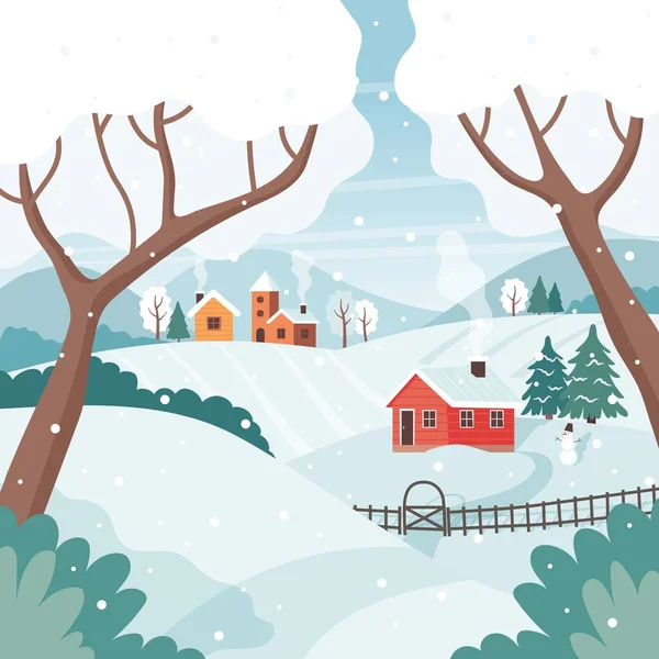 Winterlandschap met bomen, velden, huizen. Seizoensgebonden landschap. Vector illustratie in platte stijl — Stockvector