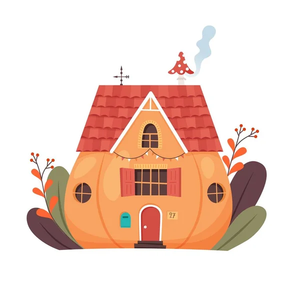 南瓜屋有屋顶、窗户和门的橙色南瓜。有趣的幻想矢量图解 — 图库矢量图片