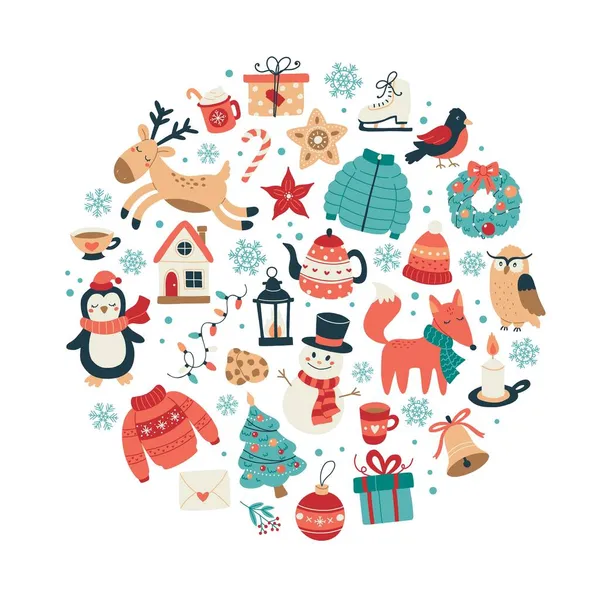 Noel ve Yeni Yıl sevimli hayvanların ve mevsimsel elementlerin dairesel şekillerde toplanması. El çizimi vektör illüstrasyonu — Stok Vektör