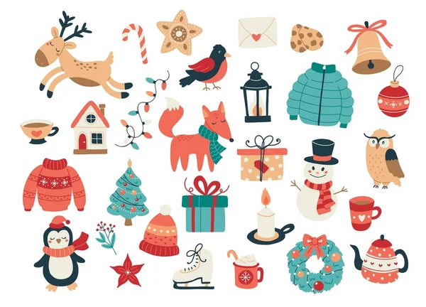 Karácsonyi és újévi gyűjtemény aranyos állatok és szezonális elemek. Elkülönített egy fehér hátteret. Kézzel rajzolt vektor illusztráció — Stock Vector