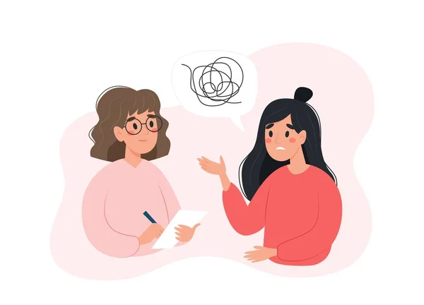 Conceito de saúde mental - mulher conversando com psicólogo sobre seus problemas. Ilustração vetorial em estilo plano —  Vetores de Stock