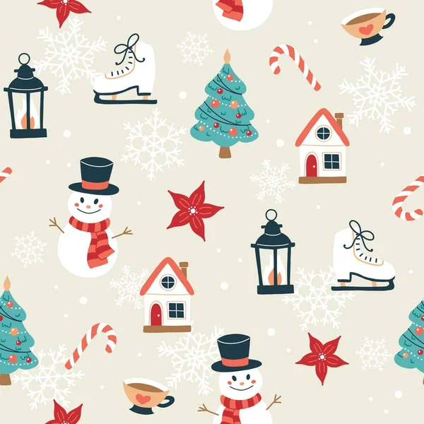 Χριστουγεννιάτικο μοτίβο με χιονάνθρωπους, χριστουγεννιάτικο δέντρο, σπίτια, φανάρια. Εορταστικό φόντο με ζωγραφισμένα στο χέρι στοιχεία, διανυσματική απεικόνιση — Διανυσματικό Αρχείο