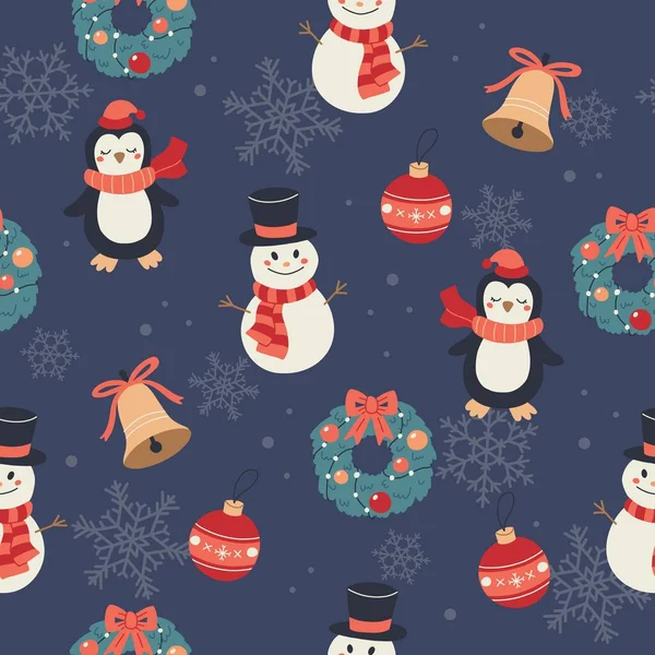 Χριστουγεννιάτικο μοτίβο με χιονάνθρωπους, πιγκουίνους, καμπάνες και στεφάνια. Εορταστικό φόντο με ζωγραφισμένα στο χέρι στοιχεία, διανυσματική απεικόνιση — Διανυσματικό Αρχείο