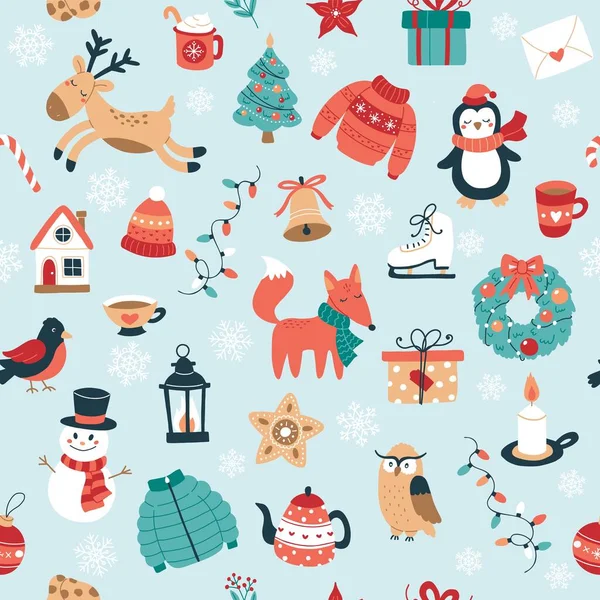Χριστουγεννιάτικο μοτίβο με χαριτωμένα εποχιακά στοιχεία ταράνδων, αλεπού, δώρα, διακοσμήσεις, χιονάνθρωπος. Εορταστικό φόντο με ζωγραφισμένα στο χέρι στοιχεία, διανυσματική απεικόνιση — Διανυσματικό Αρχείο