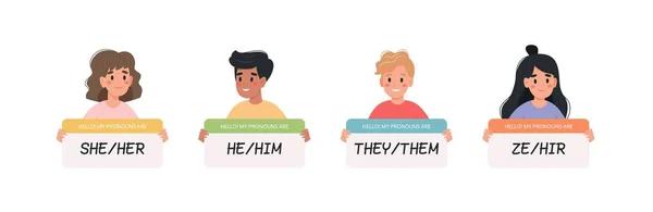 Pronombres de género: personas con signos con diferentes pronombres, caracteres masculinos, femeninos y no binarios. Ilustración vectorial en estilo plano — Vector de stock