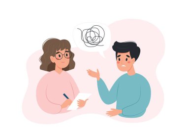 Ruh sağlığı konsepti. Psikologla sorunları hakkında konuşan bir adam. Düz biçimli vektör illüstrasyonu