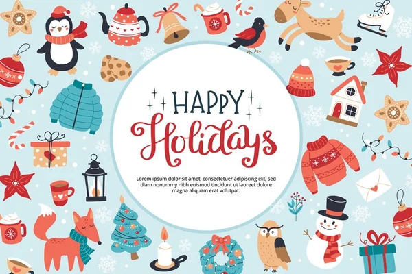 Happy holidays greeting card or banner with lettering and cute seasonal elements in circular shape. Hand drawn vector illustration — Stock Vector